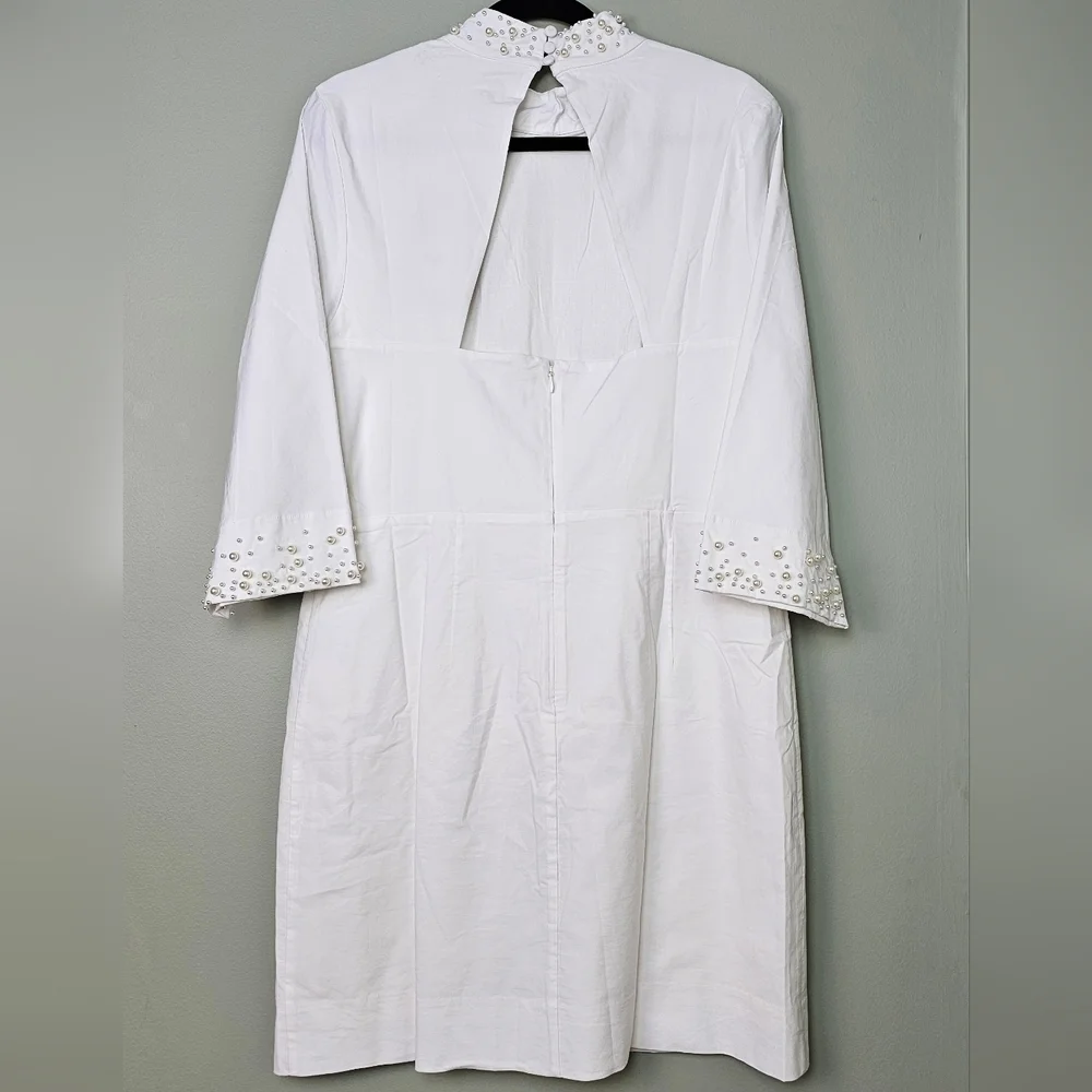 BHLDN Brynlee Mock-Neck 3/4 Sleeve Mini Dress w Pearl Accents, Ivory, LARGE